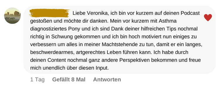 Social-Media-Kommentar: Dank für den Podcast – Pony mit Asthma-Diagnose ist dank der Tipps wieder richtig in Schwung gekommen