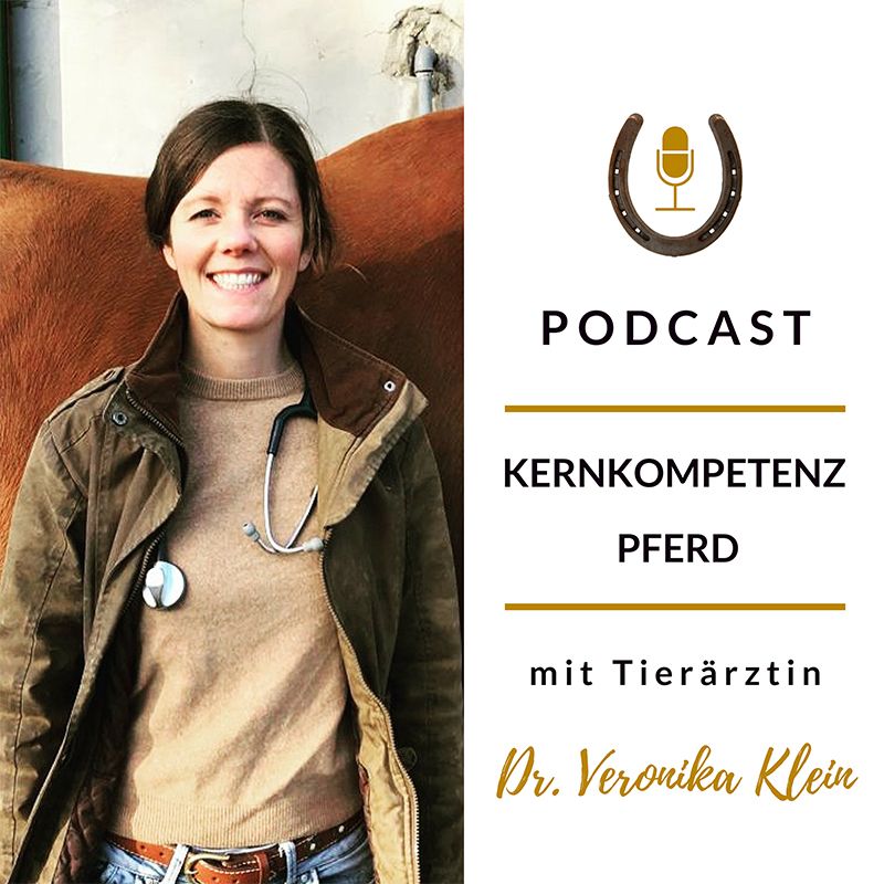 Tierärztin Dr. Veronika Klein mit Stethoskop vor einem braunen Pferd, daneben das Logo des Podcasts Kernkompetenz Pferd.