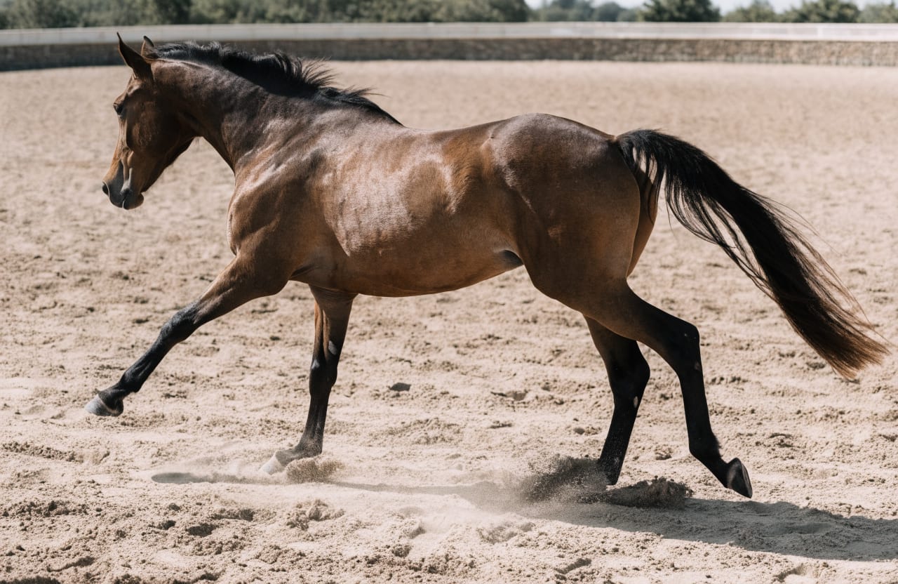 Braunes Pferd im freien Trab über einen Sandplatz, die arbeitende Rücken- und Hinterhandmuskulatur ist in der Bewegung gut zu sehen, ohne Reiter