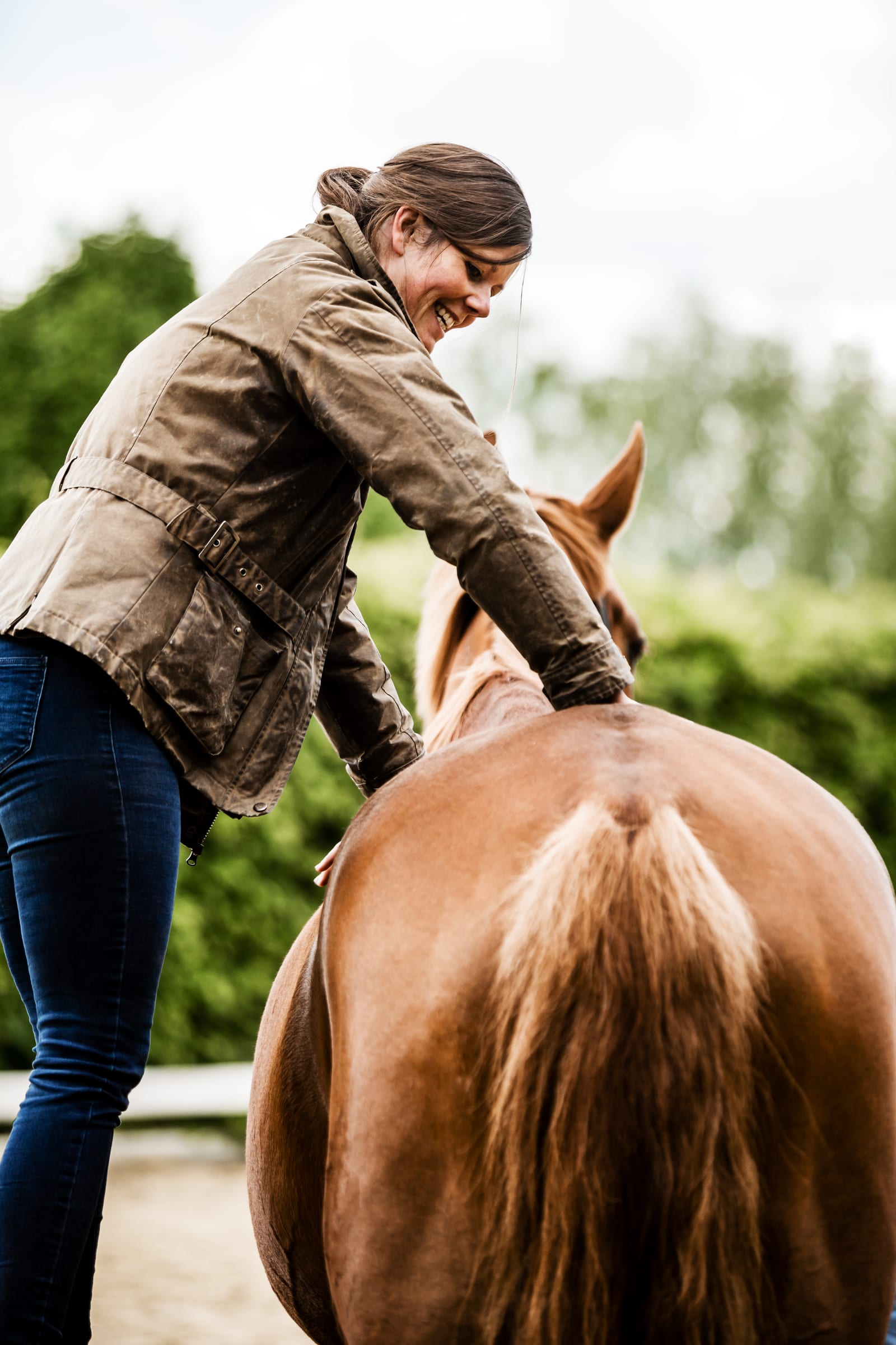 Chiropraktikerin behandelt den Rücken eines braunen Pferdes im Freien, manuelle Therapie am Bewegungsapparat.