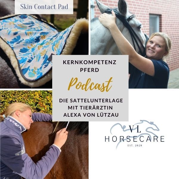 Podcast-Cover zur Folge über Sattelunterlagen mit Tierärztin Alexa von Lützau: Collage mit Lammfell-Pad, Porträt und Sattelanalyse