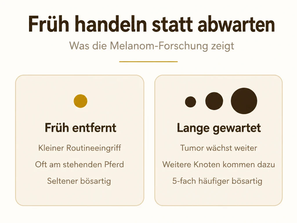 Infografik: Früh handeln statt abwarten. Früh entfernte Melanome bedeuten einen kleinen Routineeingriff und sind seltener bösartig, lange gewartete Tumoren wachsen, bilden weitere Knoten und sind 5-fach häufiger bösartig.