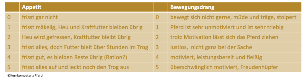 Bewertungsskala für den Appetit des Pferdes zur täglichen Dokumentation