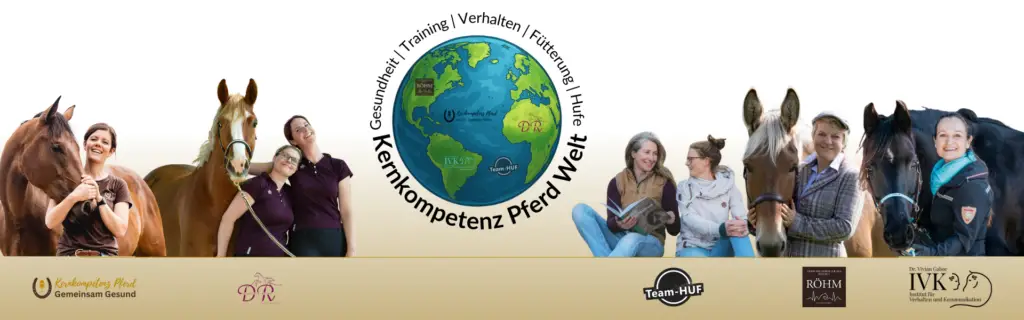 Banner der Kernkompetenz Pferd Welt mit allen Expertinnen und ihren Pferden, darunter Dr. Vivian Gabor