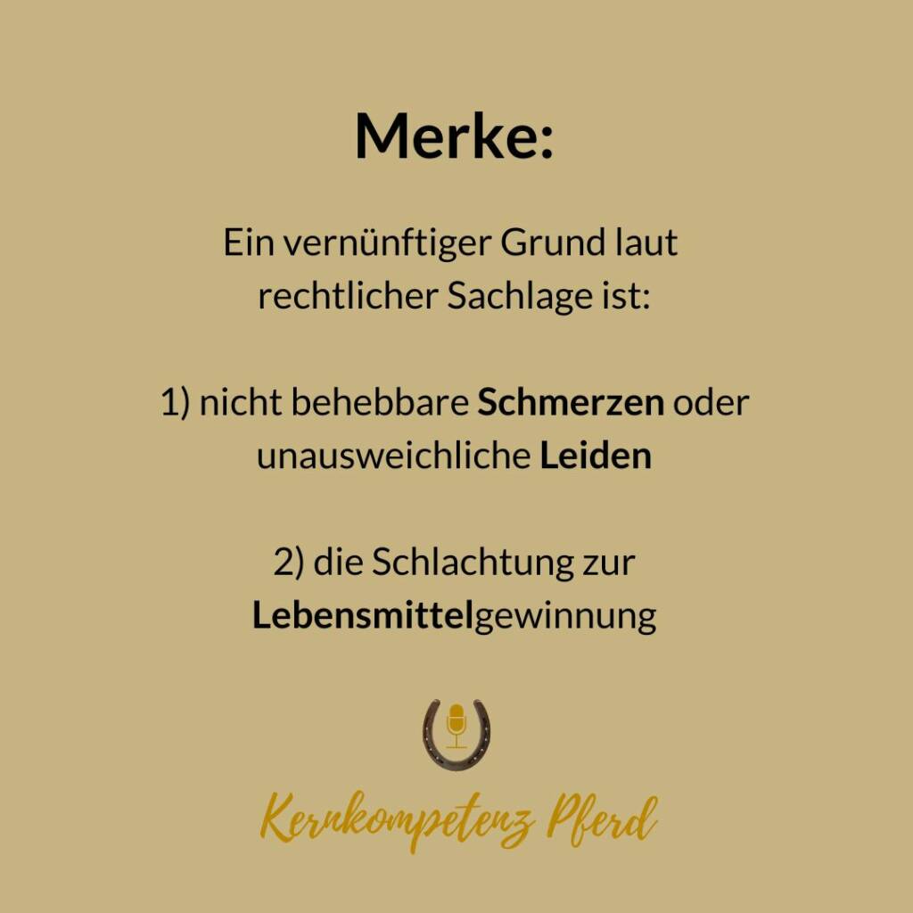 Merke-Karte von Kernkompetenz Pferd: Ein vernünftiger Grund laut rechtlicher Sachlage sind nicht behebbare Schmerzen oder unausweichliche Leiden sowie die Schlachtung zur Lebensmittelgewinnung