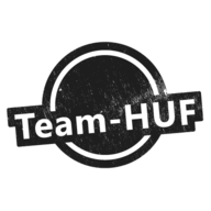 Schwarz-weißes Logo des Team HUF: ein runder, rauer dunkler Kreis mit dem Schriftzug Team-HUF auf einem weißen Banner