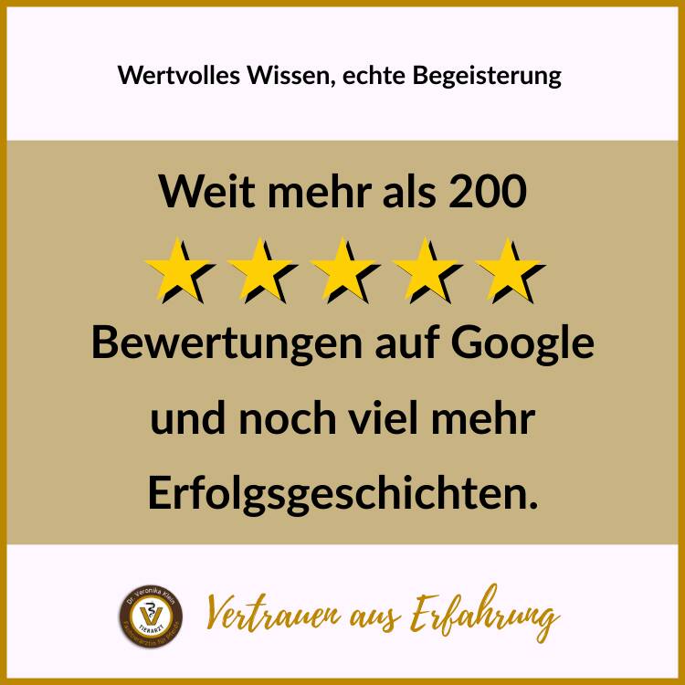 Badge mit Text: Weit mehr als 200 5 Sterne Bewertungen auf Google und noch viel mehr Erfolgsgeschichten.